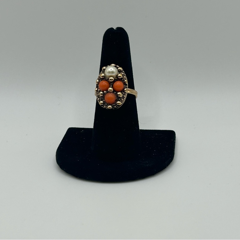 VTG Sarah Coventry 70's ‘Calypso’ gold tone orange & white beads adjustable ring
